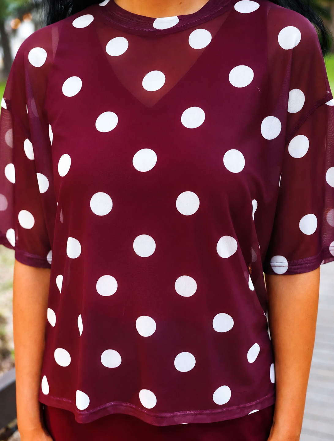 Mesh Tee-Burgundy Polka Dot