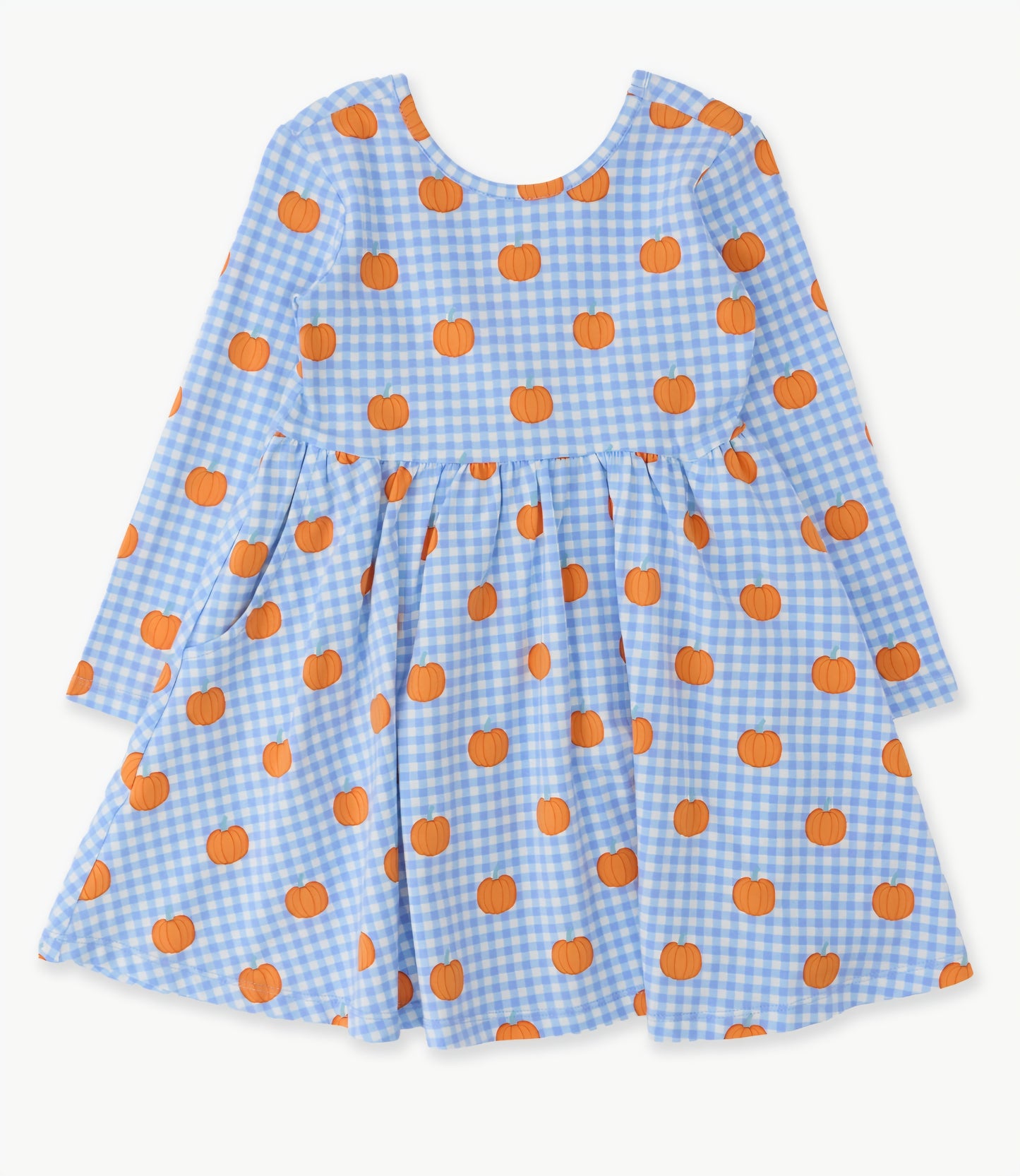 RuffleButts Pumpkin Patch Gingham Long Sleeve Twirl Dress