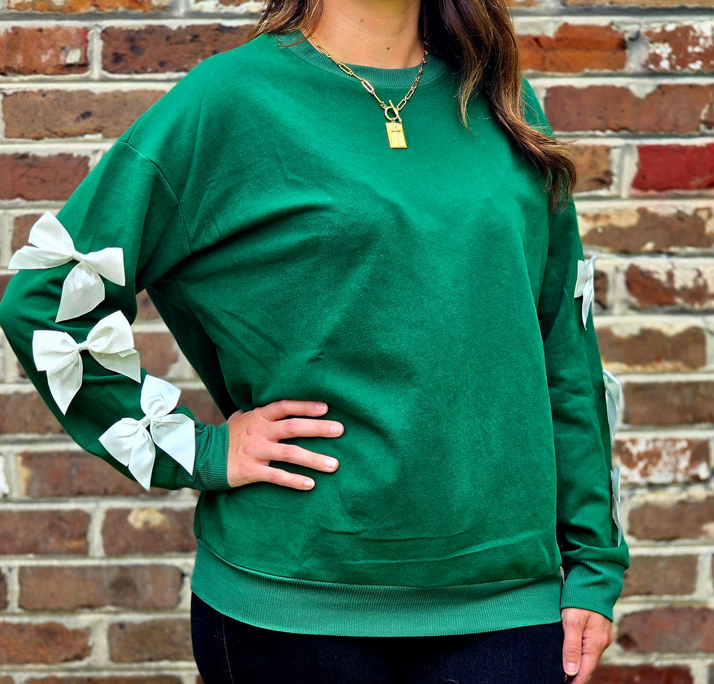 Tied With Cheer Bow Sleeve Pullover