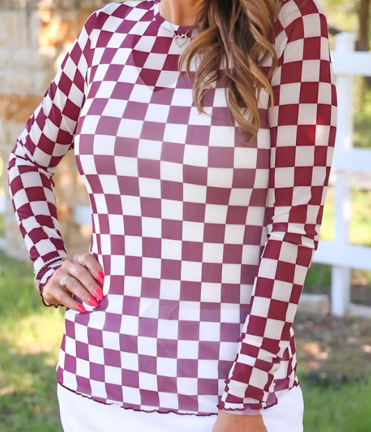 Alyssa Mesh Top - Maroon Checkered