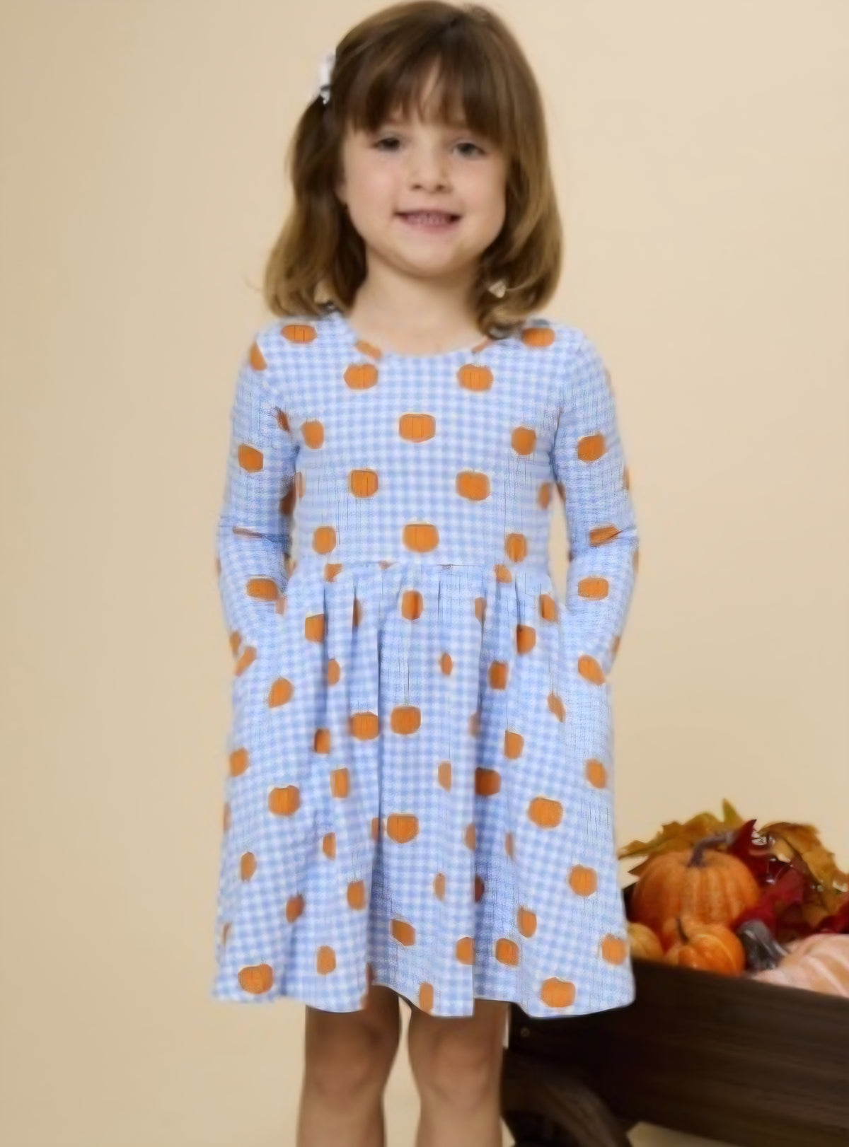 RuffleButts Pumpkin Patch Gingham Long Sleeve Twirl Dress