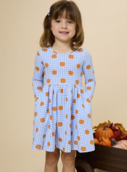 RuffleButts Pumpkin Patch Gingham Long Sleeve Twirl Dress