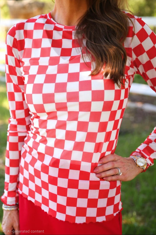 Alyssa Mesh Top - Red Checkered